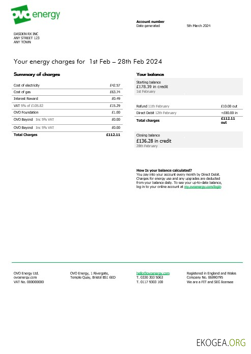 Royaume Uni Ovo Energy Facture de services publics pour les entreprises d'électricité, modèle Word et PDF
